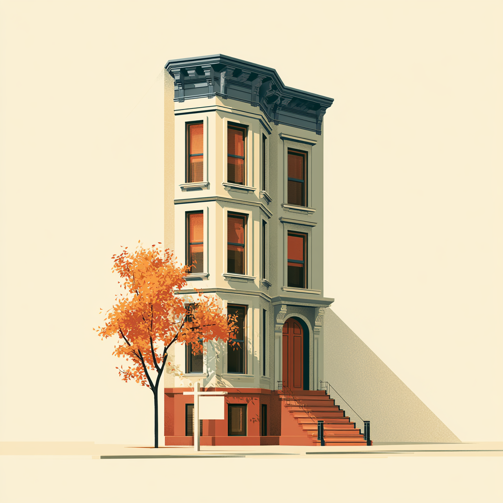 Editorial illustration of a classic New York City brownstone with a real-estate yard sign out front