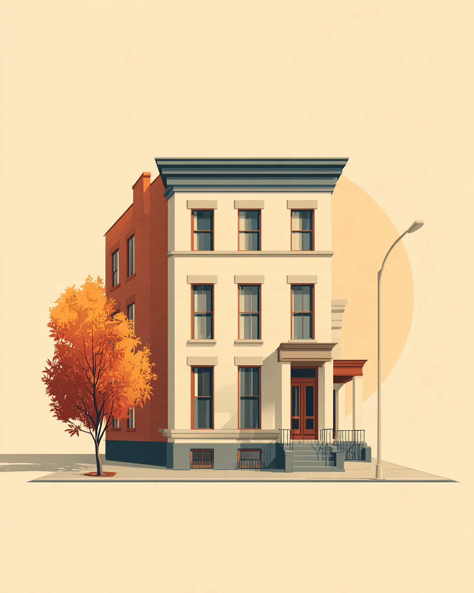 Editorial illustration of a classic New York brick home