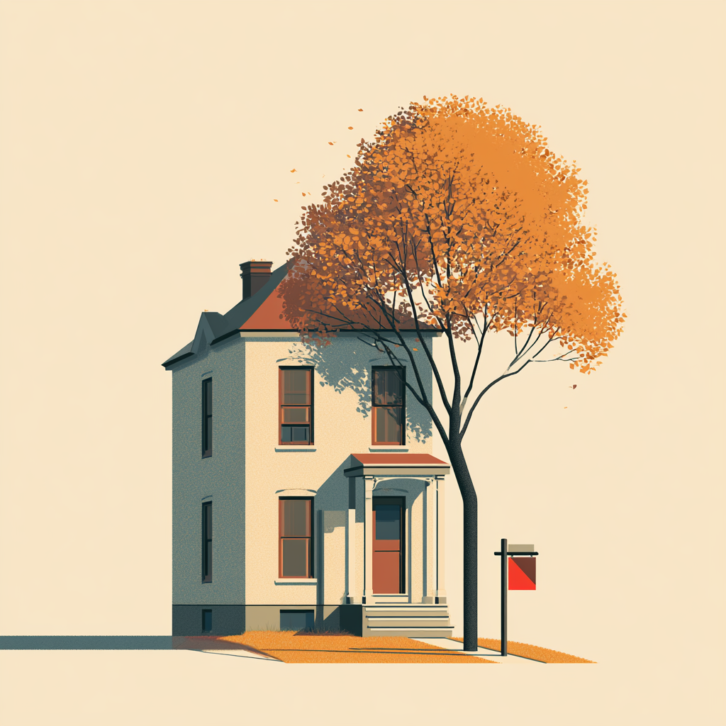 Editorial illustration of a classic detached New York single-family home with a sold yard sign
