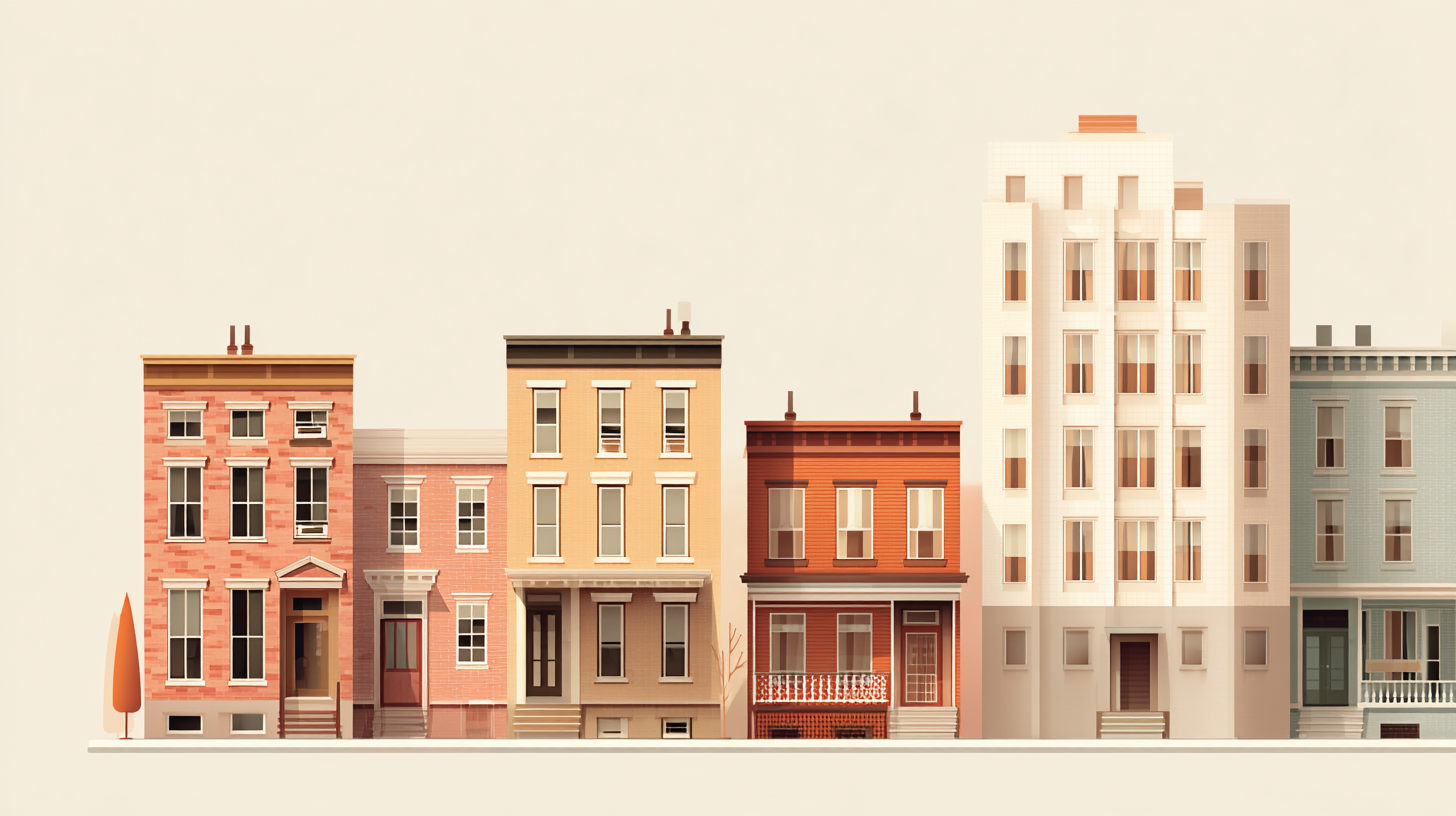 Illustration of New York residential building types — single-family, rowhouse, co-op, and condo