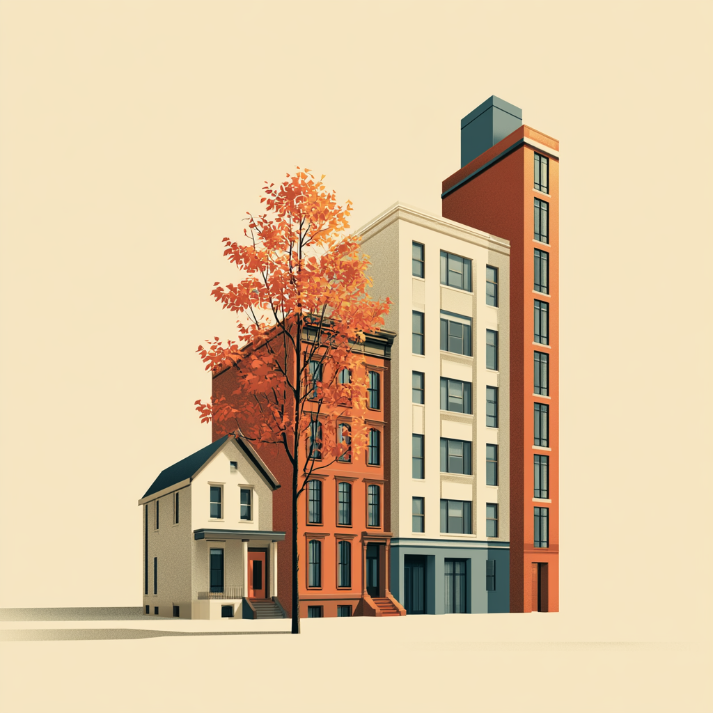 Editorial illustration of a row of New York City residential building types - single-family, brownstone, co-op, and condo