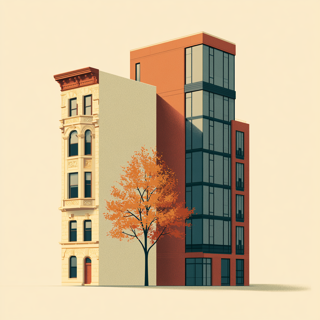 Editorial illustration of a pre-war co-op building beside a modern condo tower in New York City