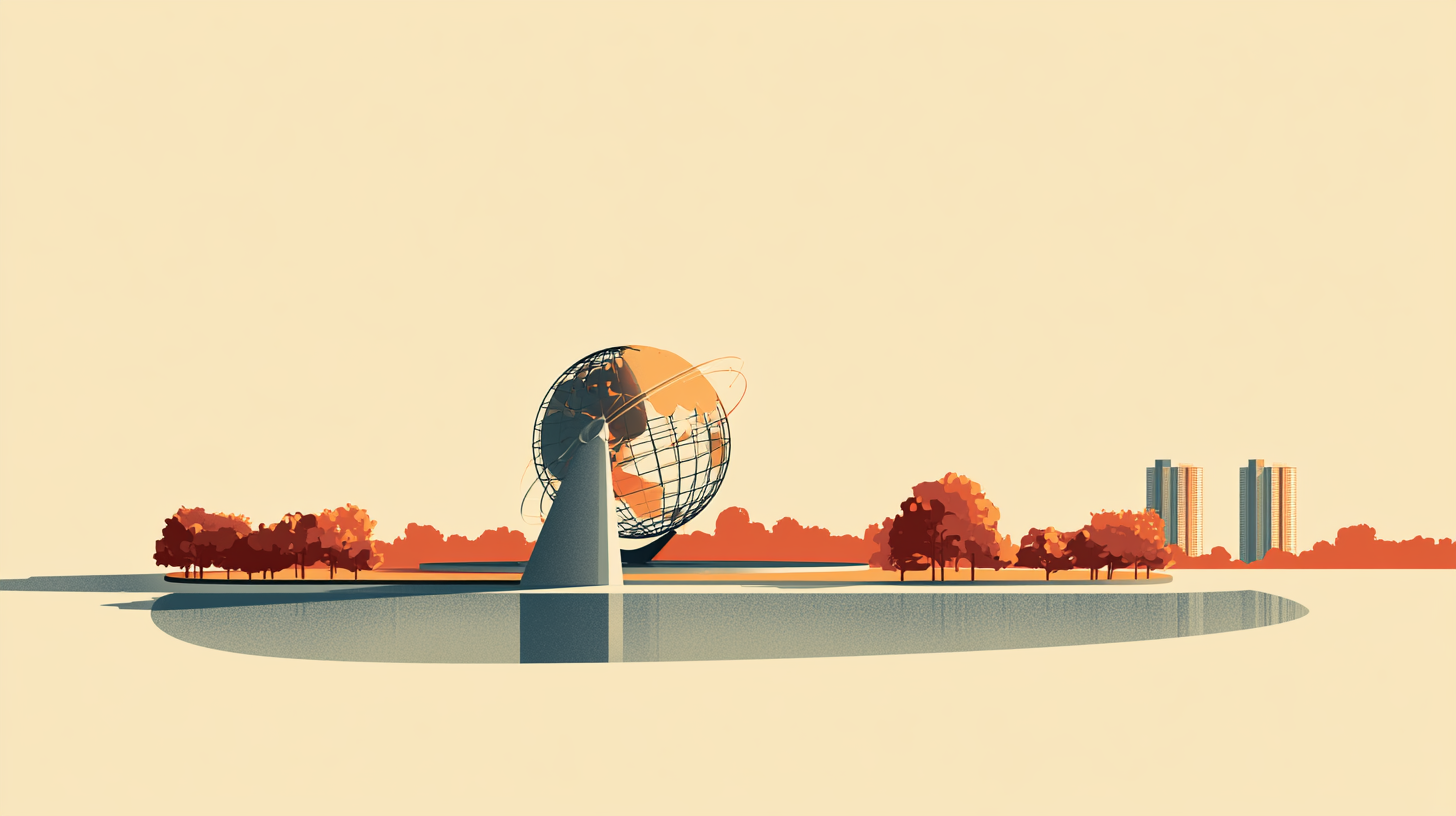 Editorial illustration of Flushing Meadows–Corona Park in Queens, New York, with the Unisphere globe sculpture