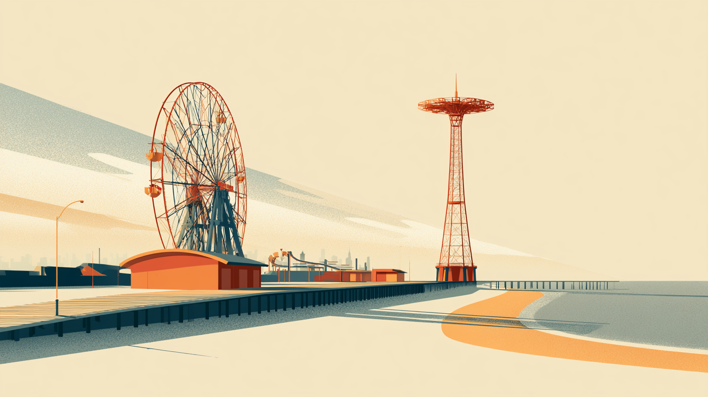 Editorial illustration of the Coney Island boardwalk in Brooklyn, New York, with the Wonder Wheel and Parachute Jump