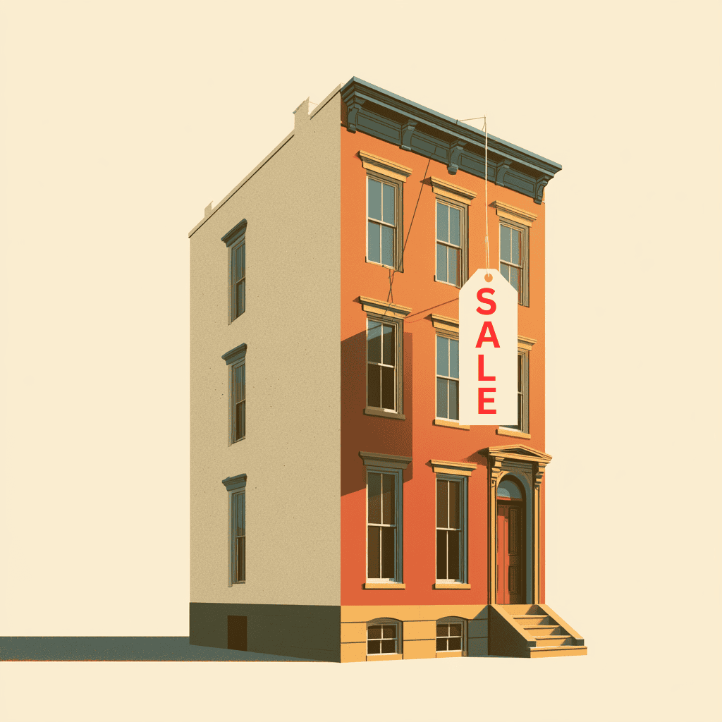 Editorial illustration of a New York City house with a for sale sign, shown alongside a price tag