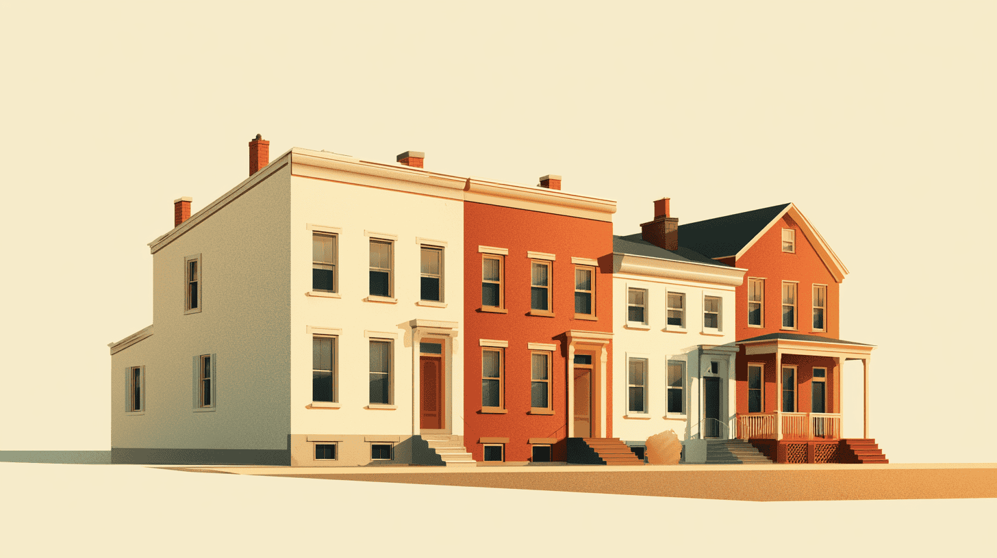 Editorial illustration of a row of New York City houses with a chart showing recent closed sale prices